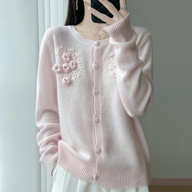 

Women's 100% Wool Cardigan: Soft & Warm, Multi - Color Embroidered Floral Knit Sweater