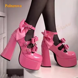 Cute Bow Leather High heel Shoes,Thick Sole Round Toe Pumps Thick Heel Strap Women Shoes Plus Size 2024 New Zapatos Para Mujere