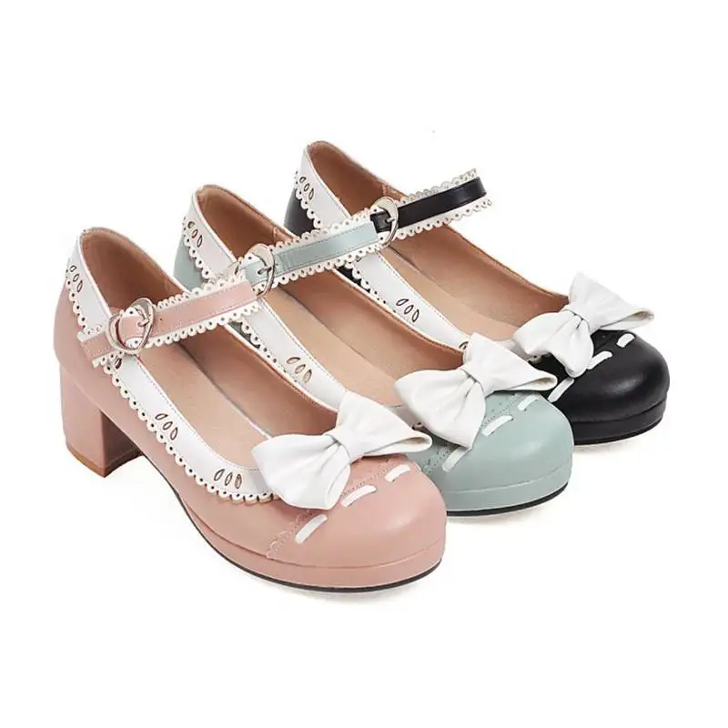 ASILETO Spring Autumn knot pumps Shoes woman Med heels Round toe Bowtie Big size 33-43 sweet ruffle Lolita princess girl shoes