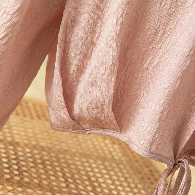 French 93% Natural Mulberry Silk Elastic GuanLe Crepe Design Niche Slim Fit V-neck Long Sleeved Light Pink Shirt