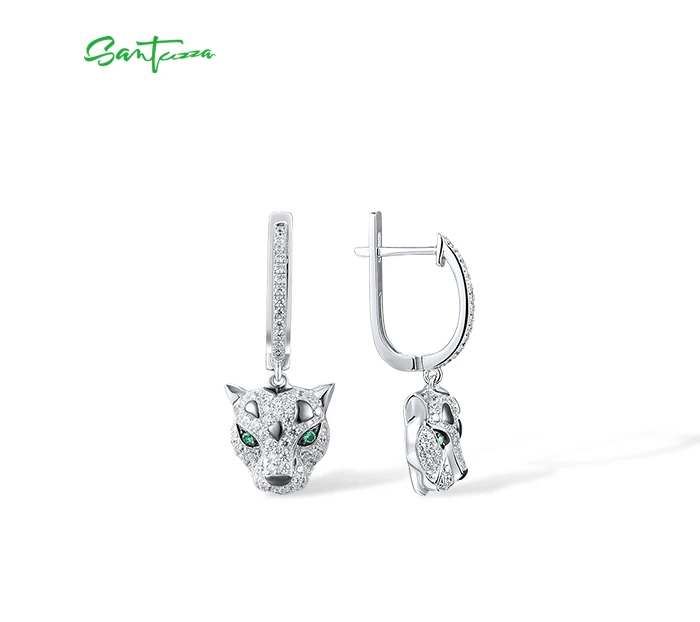 SANTUZZA Pure 925 Silver Dangling Earrings For Women Sterling Silver Sparkling Green Spinel White CZ Animal Fine Chic Jewelry