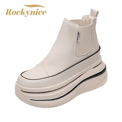 New 2022 Autumn Women Ankle Boots 7CM Heels High Top Sport Sneakers Platform Leather Motorcycle Boots For Women Botas Feminina