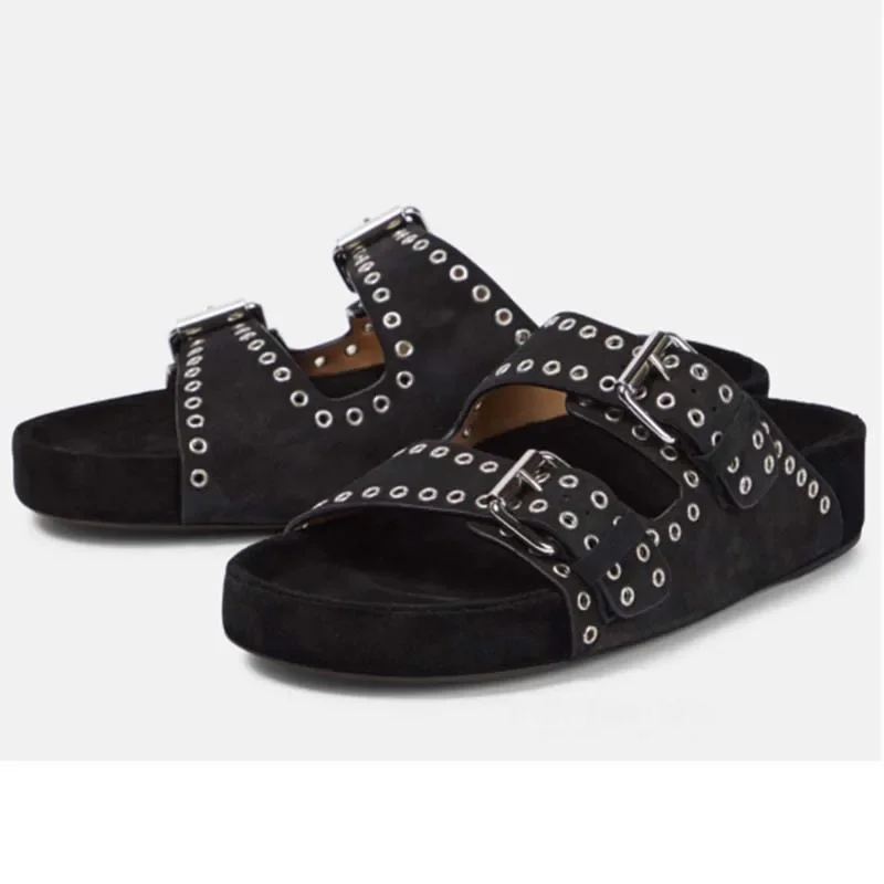 Casual Flat Rivet Buckle Slippers Outdoor Wear Versatile Platform Sandals Open Toe Soft Leather Comfortable Women Shoes