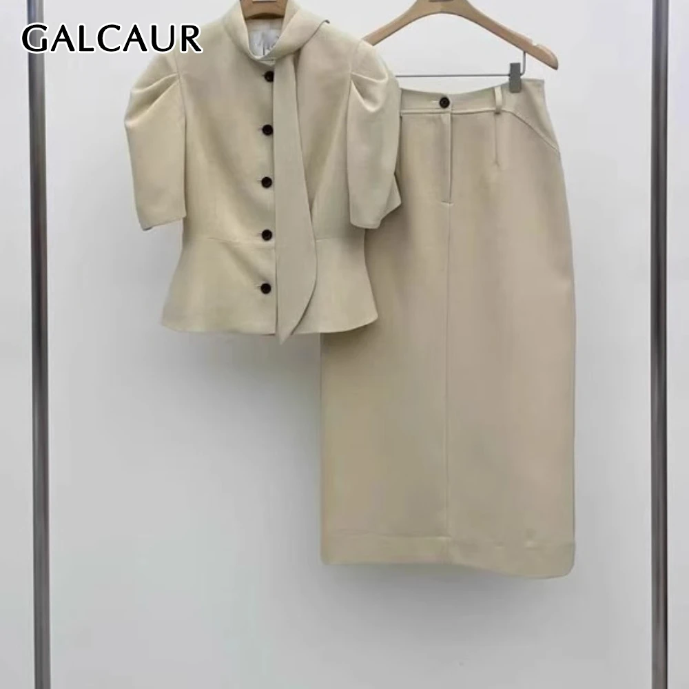 

GALCAUR White Spliced Lace Up Two Piece Set Female O Neck Midi Sleeve Jacket High Waist Slimming Casual Women's Skirt Sets New
