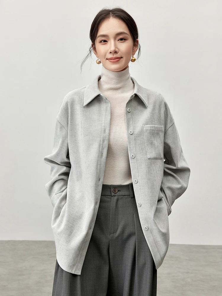 

SENTUBILA Casual Loose Wool Shirt Women 2024 Winter Texture Folds Single Breasted Turn Down Collar Drop Sleeve Coats 144C57343