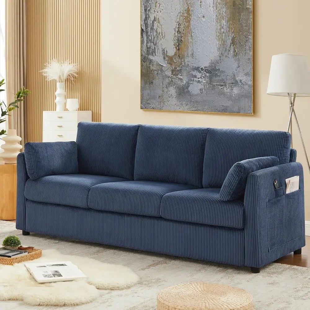 

79 Navy Blue Corduroy 3-Seater Couch with Storage and 2 Pillows for Living Rooms and Small Spaces