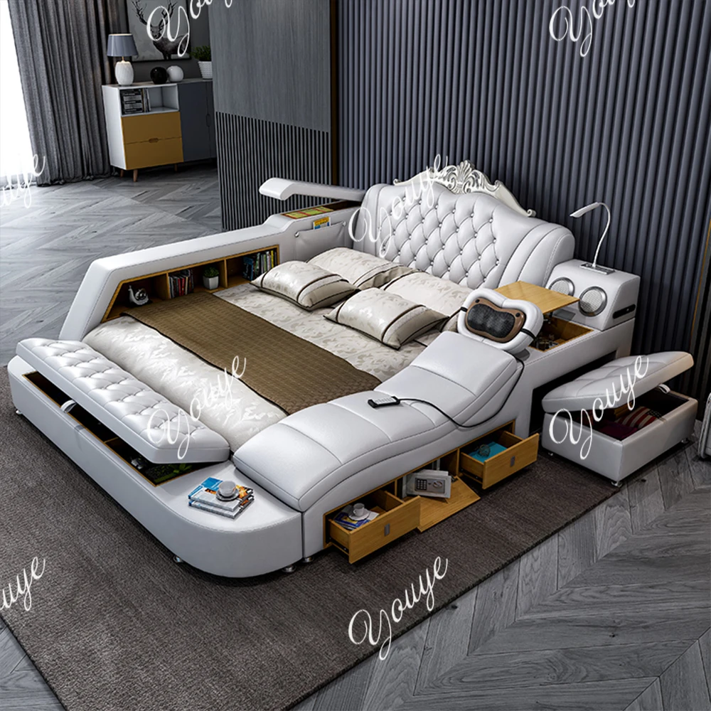 MANBAS Ultimate Bed Frame Tech Smart Multifunctional Bed with Genuine Leather, Massage, USB, Bluetooth Speaker, Tatami & Safe