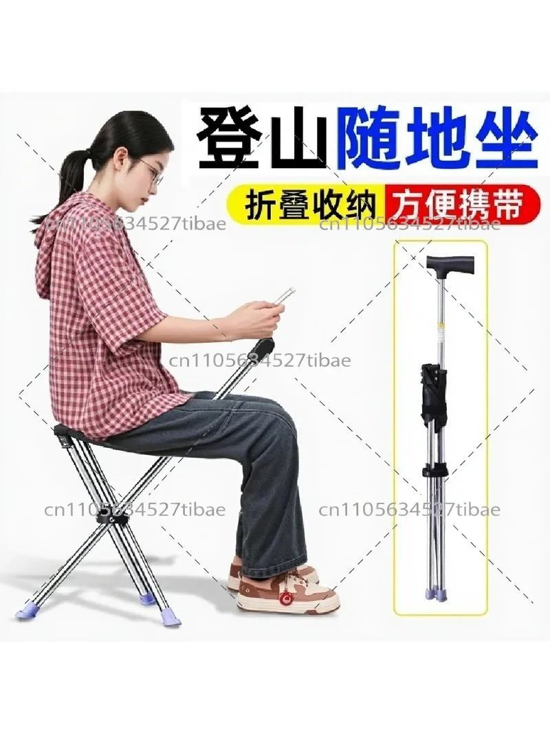 Folding Cane Stool with Non-Slip Base for Seniors, Portable Walking Stick Seat for Outdoor Hiking