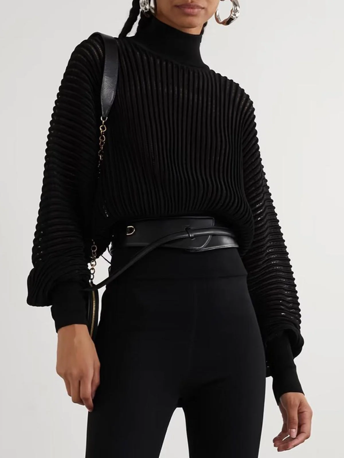 

Elegant Korean Style High Collar Shiny Silk Ribbed Knitwear Women's Lazy Fashion Design Sense Top Cotton Blend Long Sleeve