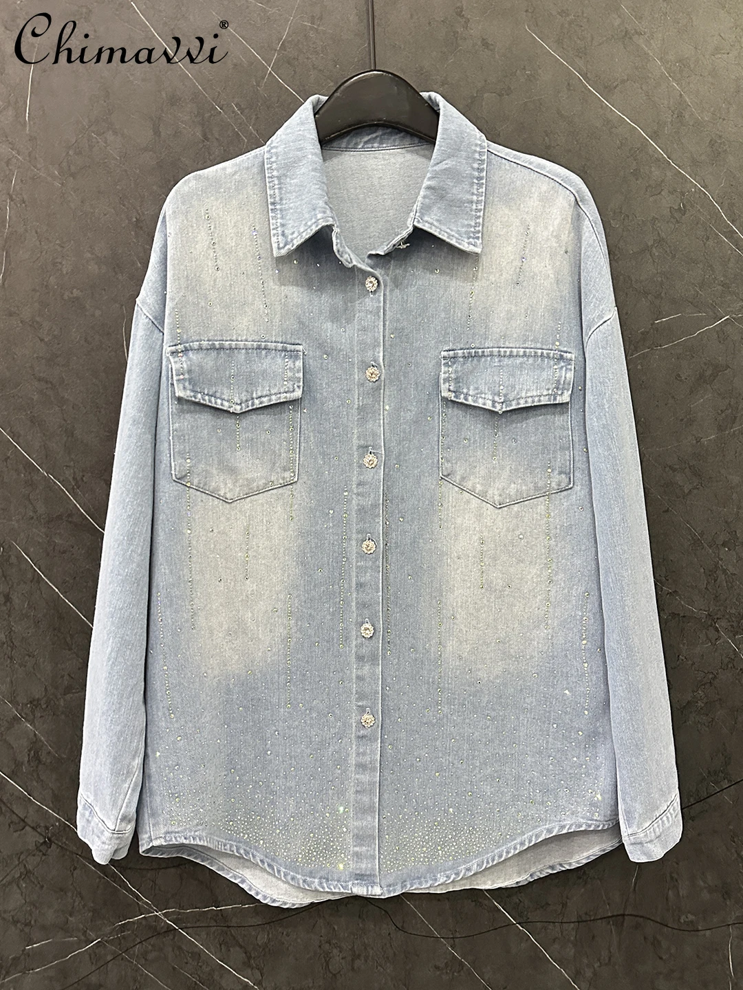 

European Heavy Rhinestone Long Sleeve Denim Shirt Jacket for Women 2025 Autumn Clothes New Fashion Loose Casual Mid-Length Top