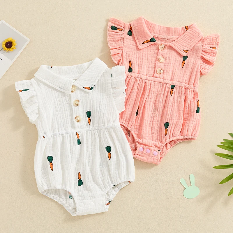 

SUNSIOM Baby Girl Summer Romper Fly Sleeve Carrot Print Button Front Bodysuit Newborn Playsuit