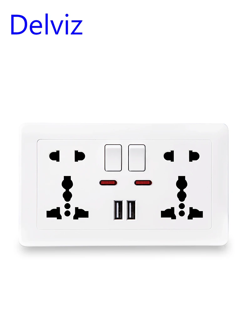 Delviz Wall Power Socket Universal 5 Hole, 2.1A Dual USB Charger Port,146mm*86mm, LED indicator, UK Standard USB Switched Outlet