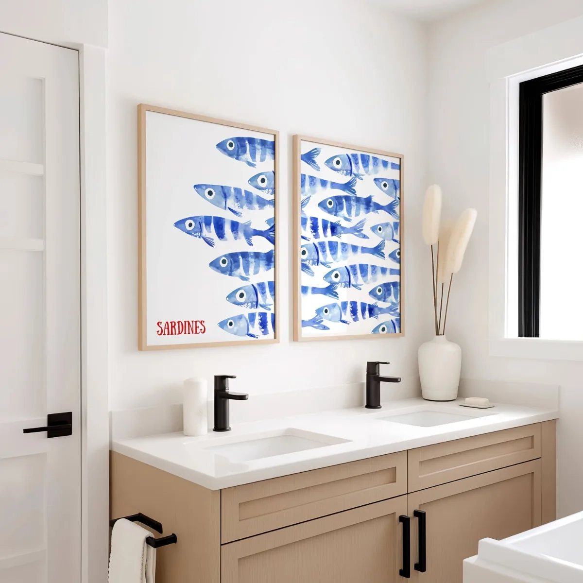 2pcs Blue Sardines Fish Canvas Prints Poster Japanese Funny Cute Art Style for Kithren,living Room Wall Art Home Decor Poster