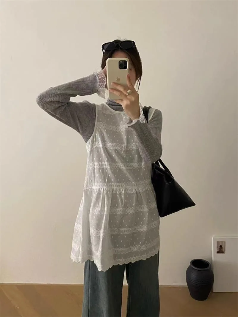 Dunne pure geborduurde witte katoenen tankjurk dames zomer korte mouwloze cover-up jurk Koreaanse schattige gelaagde kleding