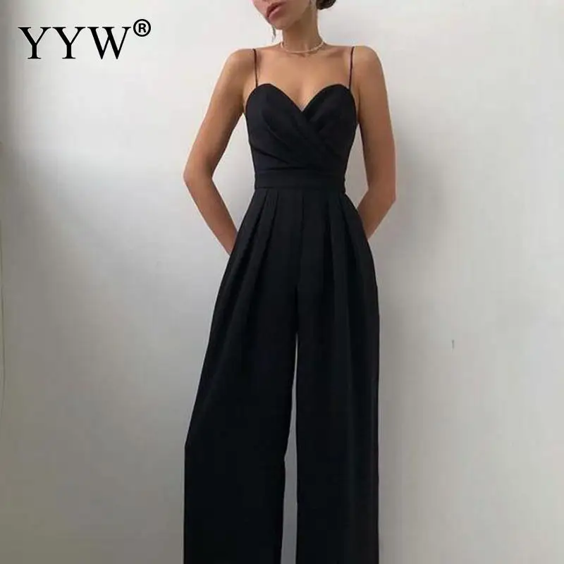 Women Sexy Backless V Neck Slim Flare Rompers Elegant Wide-leg Pants Summer Streetwear Solid Color Sling Sleeveless Jumpsuits