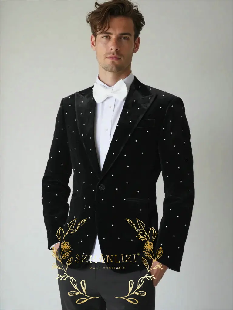 

Luxury Beads Black Men Suits for Prom 2 Pieces One Button Peaked Lapel Wedding Prom Party Tuxedo Velvet Blazers Set for Men