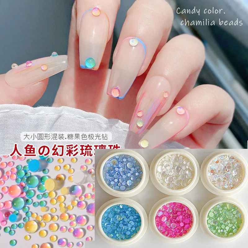 

6PCS/SET 3D Magic Colorful Mermaid Round Glass Aurora Crystal Beads Nail Charms Shiny Glue On Rhinestones Nail Art Decorations #