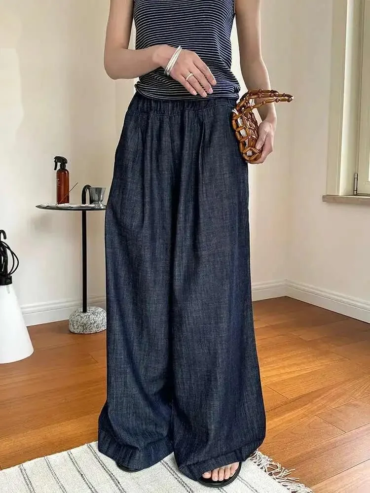 

High Vintage Elastic Waist Jeans For Women Straight Wide Leg Denim Pants Sunscreen Trousers 2024 Summer New 2ZMUS