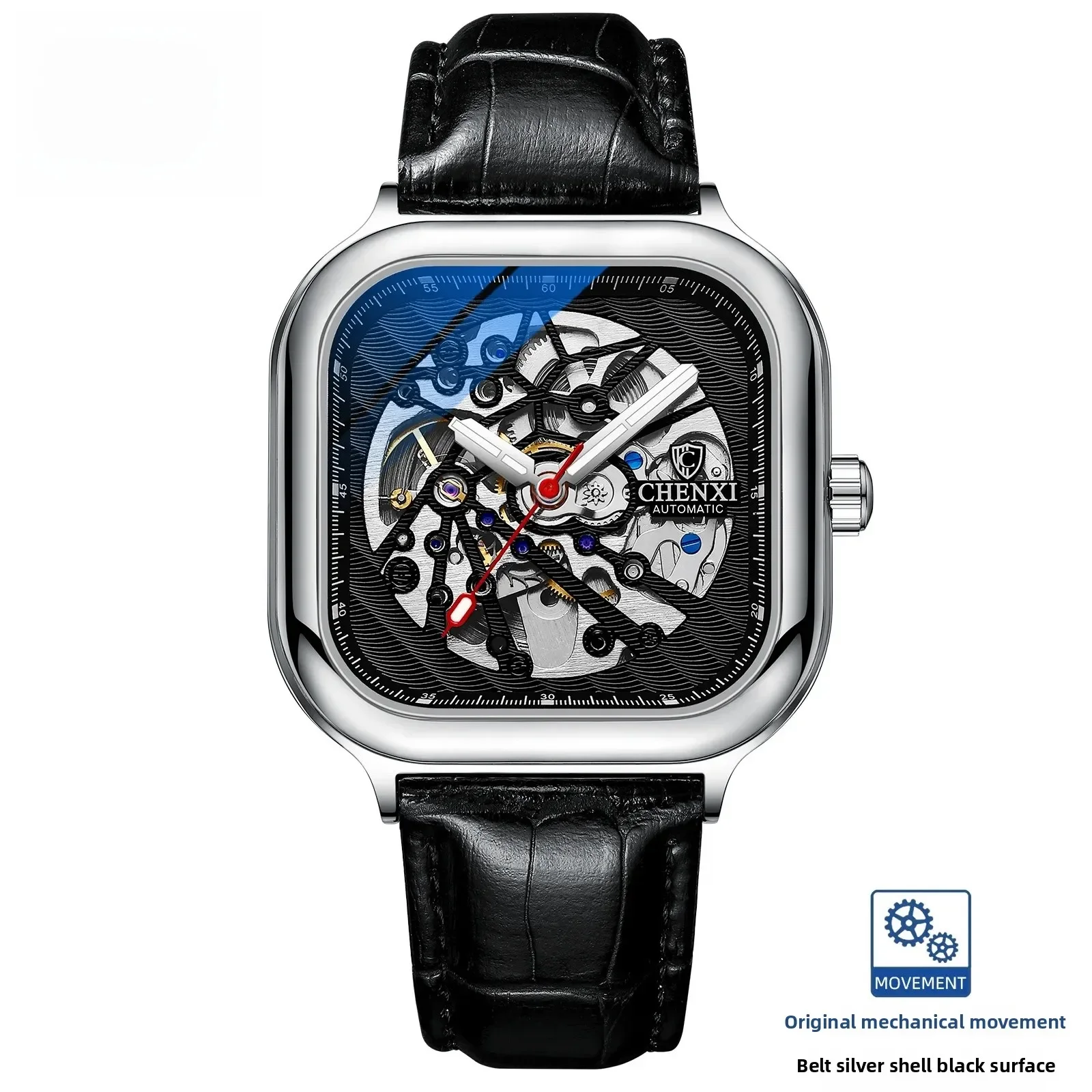 CHENGXI8810 ساعة ميكانيكية أوتوماتيكية مربعة للرجال مع مفرغة ومضيئة مقاومة للماء من الجلد ساعات عصرية للرجال #6