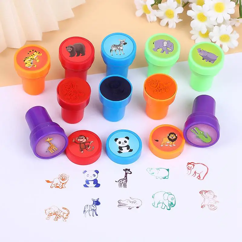 12/24pcs Cartoon Animal Fruit Children Toy Self-ink Stamps School Prize Gift Kids Birthday Party Favors Goodie Bag Pinata Filler