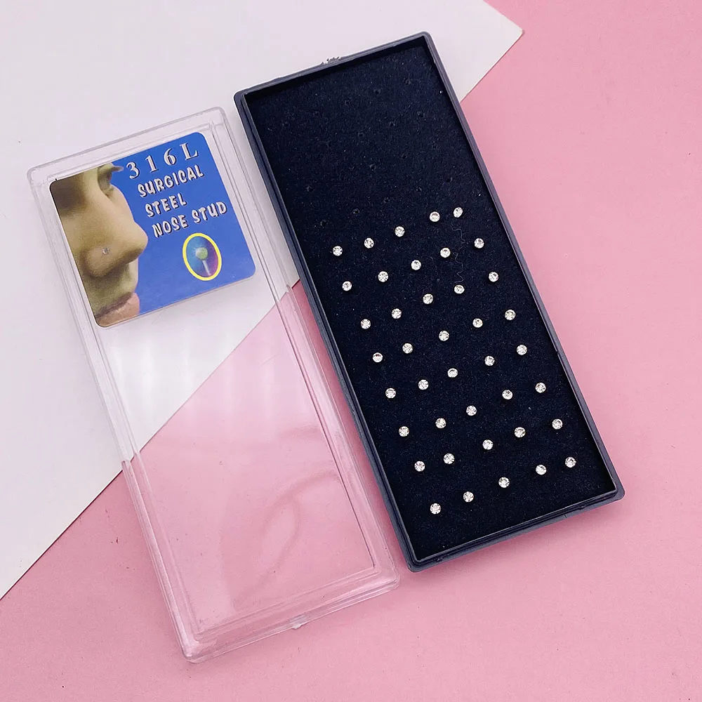 Nose Studs Stainless Steel Crystal Nose Ring Piercing Set For Women Gift With Box 24/40/60Pcs