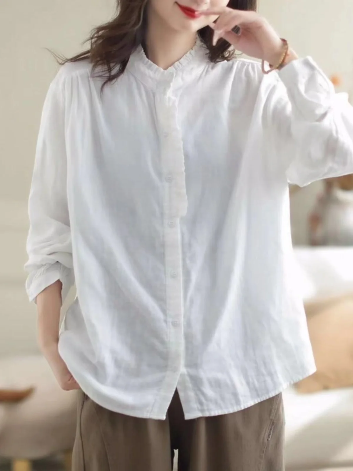 فضفاض طويل Sve irt المرأة الخريف الشتاء عارضة الوقوف طوق قاعدة أعلى Faionable متجدد الهواء المرأة irt خمر Sle نقي... #4