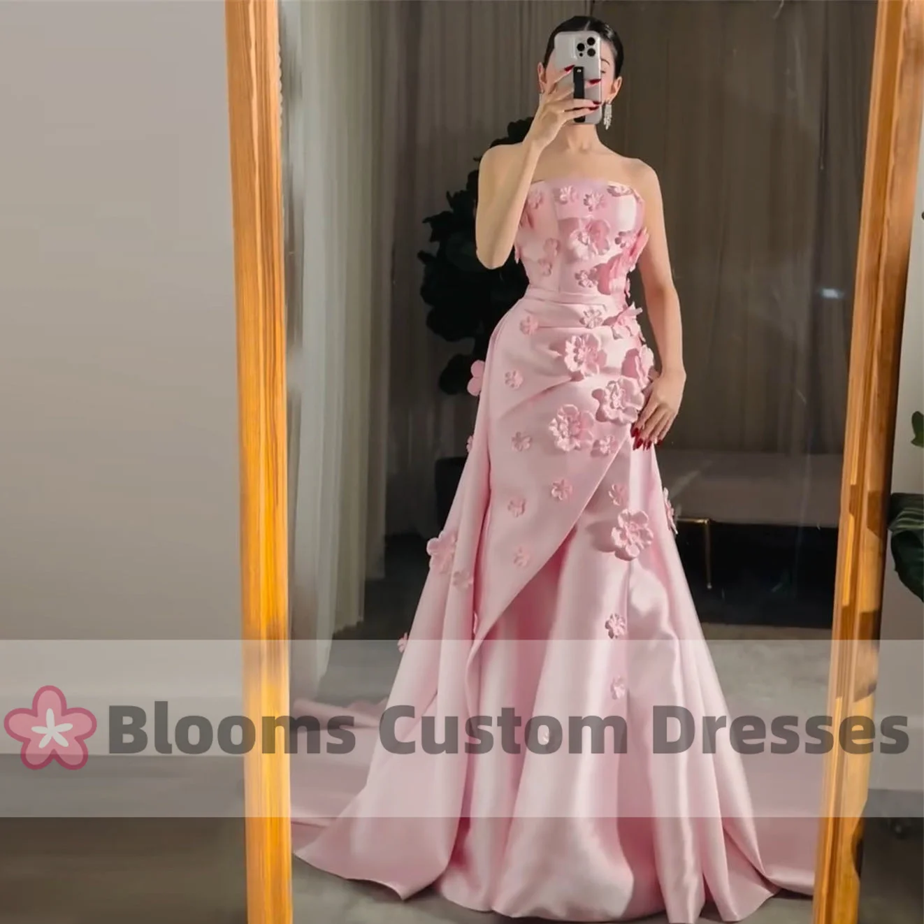 

Blooms Gorgeous Satin 3D Flowers Pink Evening Dresses Mermaid Lace-up Custom Prom Dress Removable Tail Formal Occasion Gown