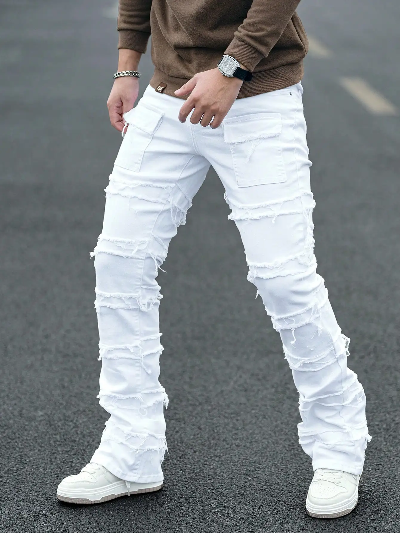

Men's White Distressed Cargo Slim Fit Casual Jeans for Streetwear
