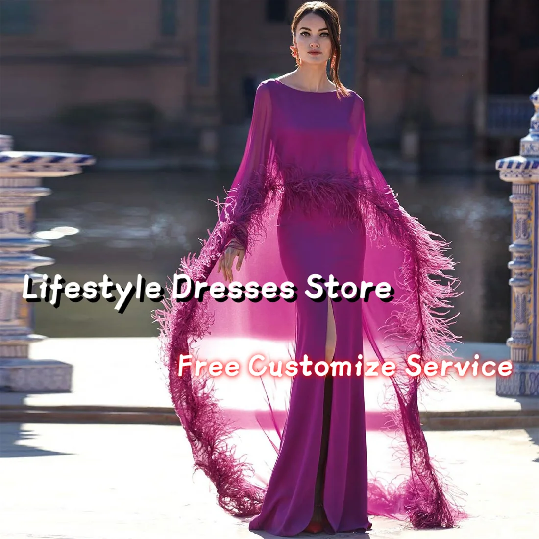 

Chiffon Mermaid Feathers Cape Party Dress Front Slit Mother Of The Bride Dress Wedding Guest Gown elegantes 2024 juveniles