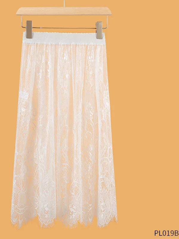 

Ele Hollow out Lace See tough f Skirt Elastic Waist Base Skirt Long a Line Dr for Young Women Summer Ci Walk