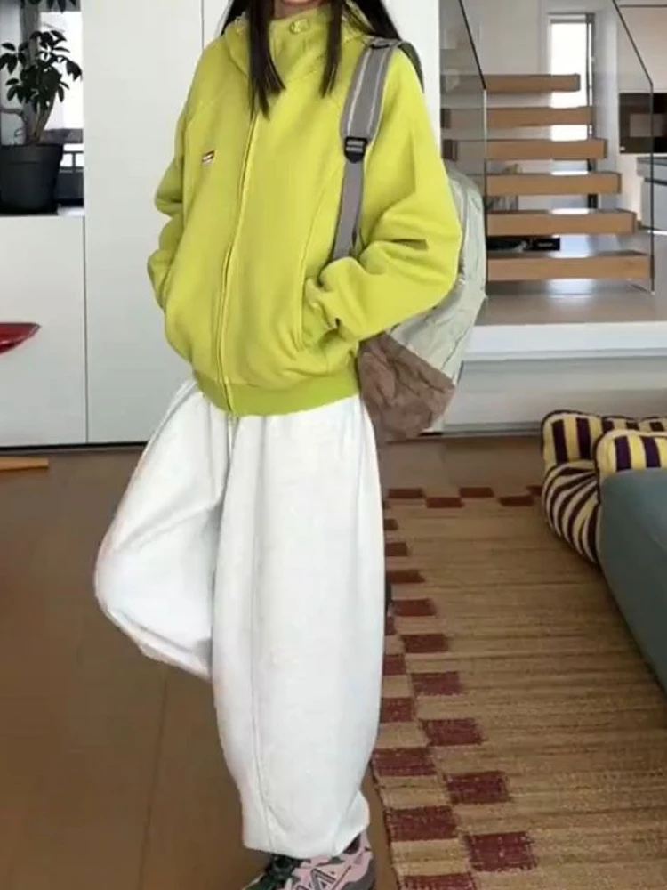 HOUZHOU American Retro Zipper Hoodies Women Hip Pop Green Oversize Hooded Sweatshirts Vintage Grey Casual Classic Solid Coat