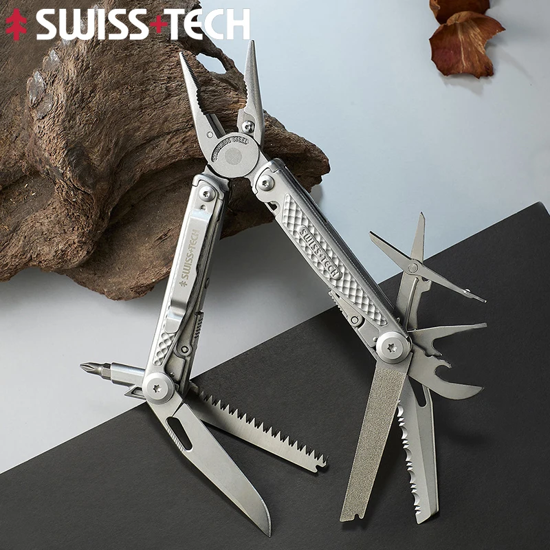 SWISS TECH 18 in 1 Multitool Folding Pliers Multi-functional Hand Tools Portable Pocket Knife Scissors Saw EDC Outdoor Equipment