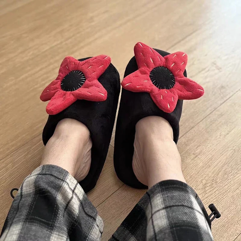 Curious Things Flower Plush Slippers, Unisex Winter Warm Indoor Slippers, Popular Cartoon Horror Red Design Simple Festival Gift