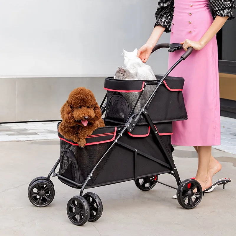 

Wholesale Pet Twin Double Stroller Cat Dog Foldable 4-wheel Travel Carrier