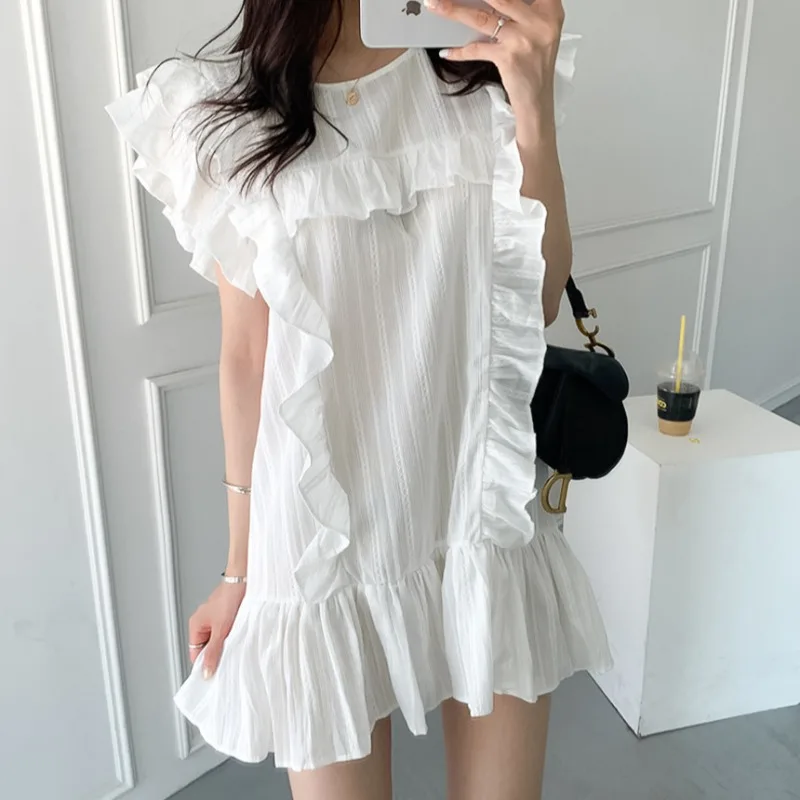 Chic été ort ample femmes Dr avec dentelle garniture Design coréen Sle rond Ne Fly Sve couleur Pure trajet Dr