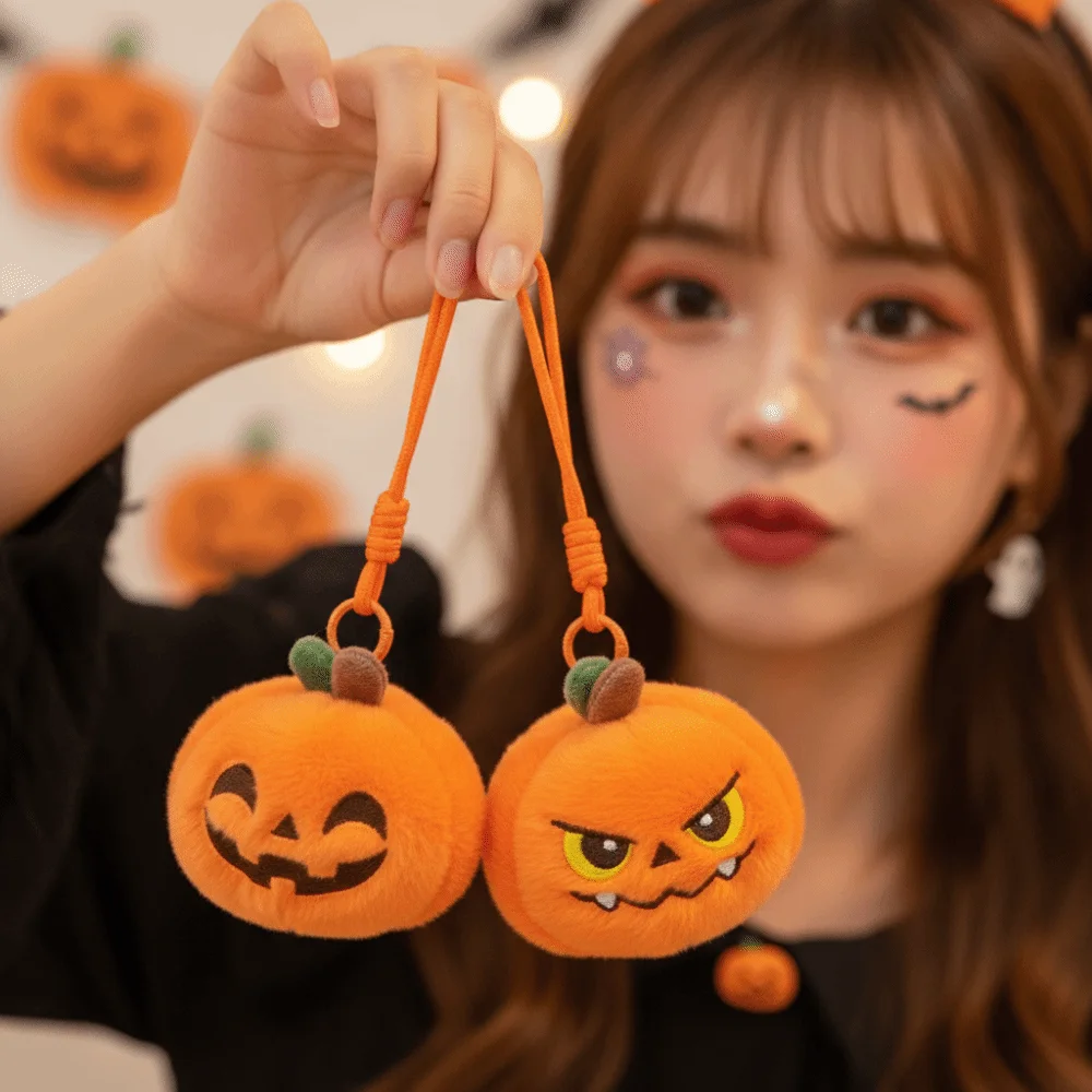 Soft Fabric Pumpkin Key Chain Vibrant Color Lightweight Halloween Stuffed Compact Size Adorable Style Funny Expression