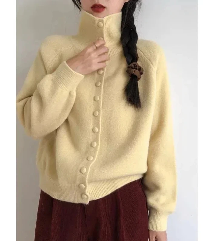 

Autumn Winter New Women Sweater CoatsLazy Wind Sweet Fashion Solid Turtleneck Button Cardigan Long Sleeve Knitted Tops