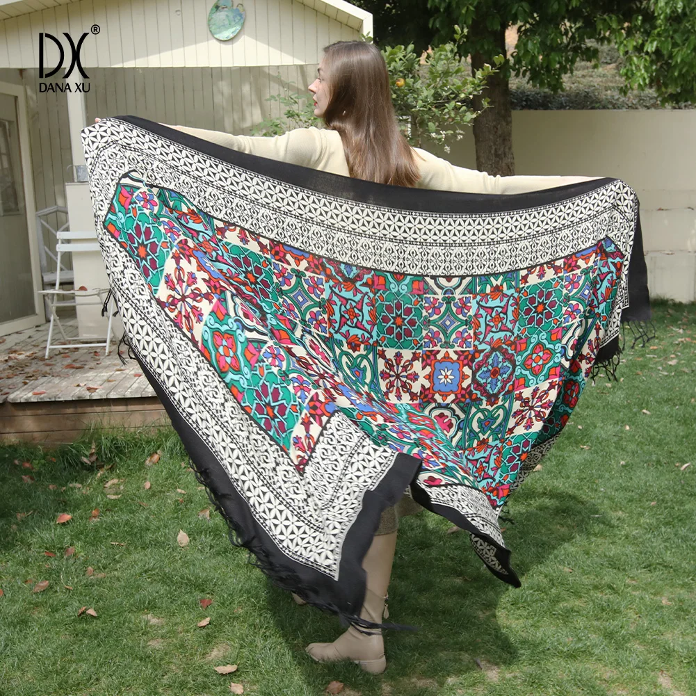 DANA XU 100% Wool Scarf Large Designer Shawl for Women Winter Warm Soft Pashmina Wrap with Tassels Geometric Print 245*110CM
