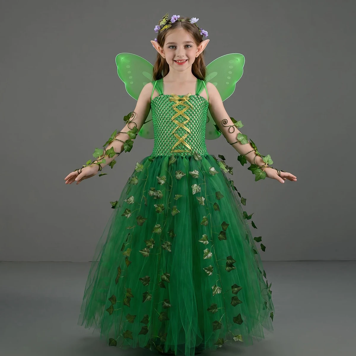 Green Garden Fairy Tutu Dress Woodland Fairies Jungle Theme Pageant Gown Costume Girls Fancy Dresses with Headband and Wings