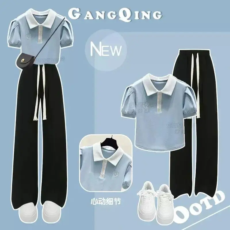 

Корейская версия для девочек, новинка лета 2025 года, детские повседневные широкие брюки среднего размера с воротником-поло и короткими рукавами для девочек, состоящие из двух частей