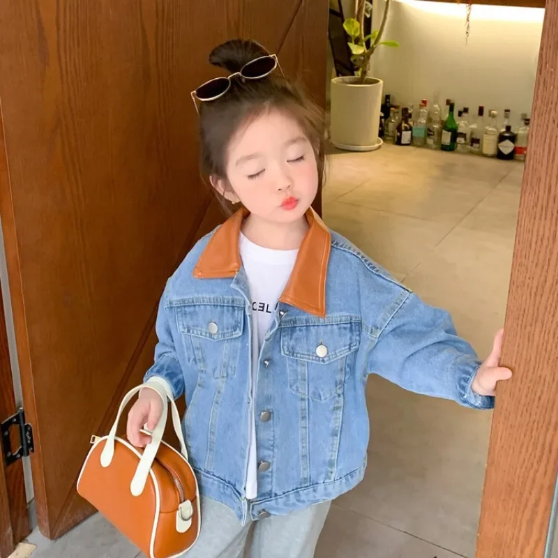 

HoneyCherry Autumn New Children's Casual Loose Jacket Fashion Collision Leather Collar Splicing Long-sleeved Denim Jacket