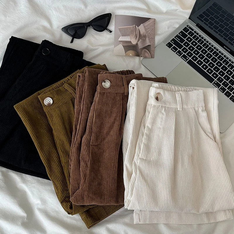 Vintage Corduroy Wide Leg Pants Women High Waist Fall Korean Loose Pockets Trousers Solid Casual Office Lady Full Length Pants