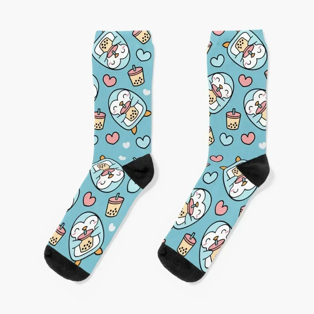 

Cute Bubble Tea and Penguin Heart Pattern Socks Non-slip floral soccer anti-slip compression Socks For Men Women's
