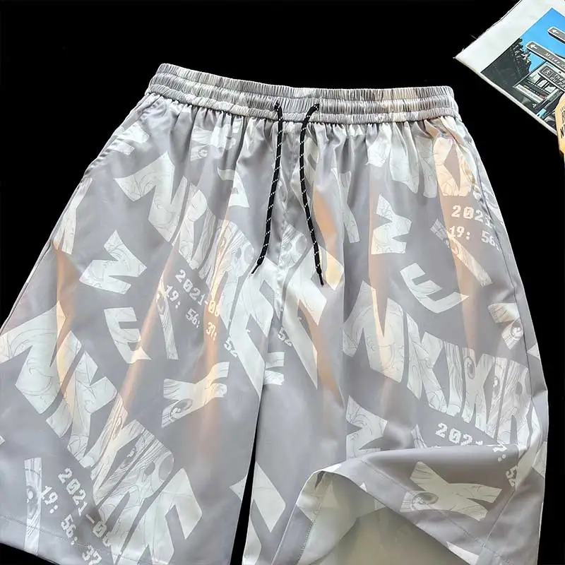 Fashion Trend Summer Thin Style Printing Men\'s Elastic Waist Drawstring Pockets Casual Sports Loose Knee Length Beach Shorts