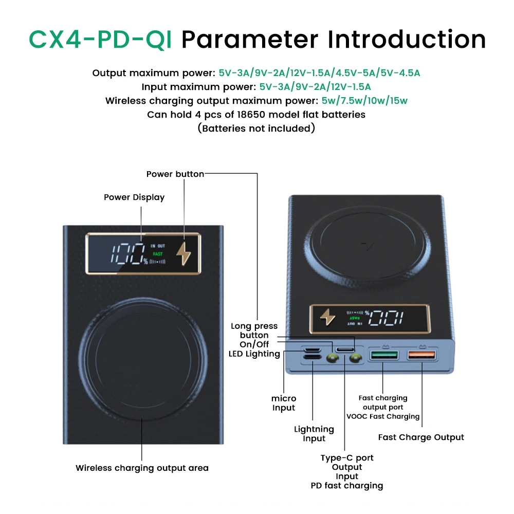 4x18650 DIY Power Bank Case Ładowarka bezprzewodowa Odłączana skrzynka akumulatorowa Cyfrowy wyświetlacz Szybka latarka ładująca