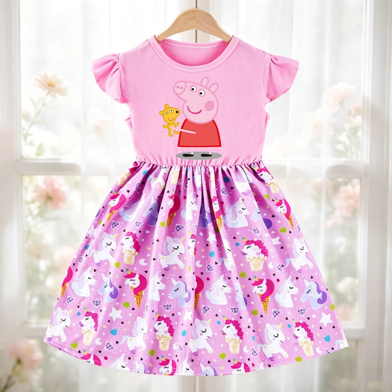 Vestido Kawaii de Peppa Pig, nueva ropa de verano para niñas, vestidos informales de princesa, falda con estampado Kawaii para niños, falda de manga corta, regalo para niños