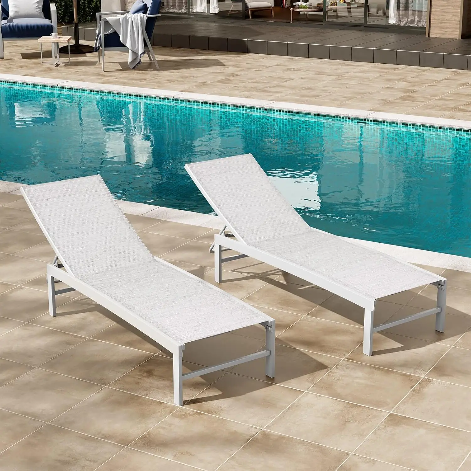 

Lounge Chair Outdoor Set Of 2, Aluminum Pool Chaise Lounge Chairs, Adjustable Five-Position Tanning Recliner, All Weather For