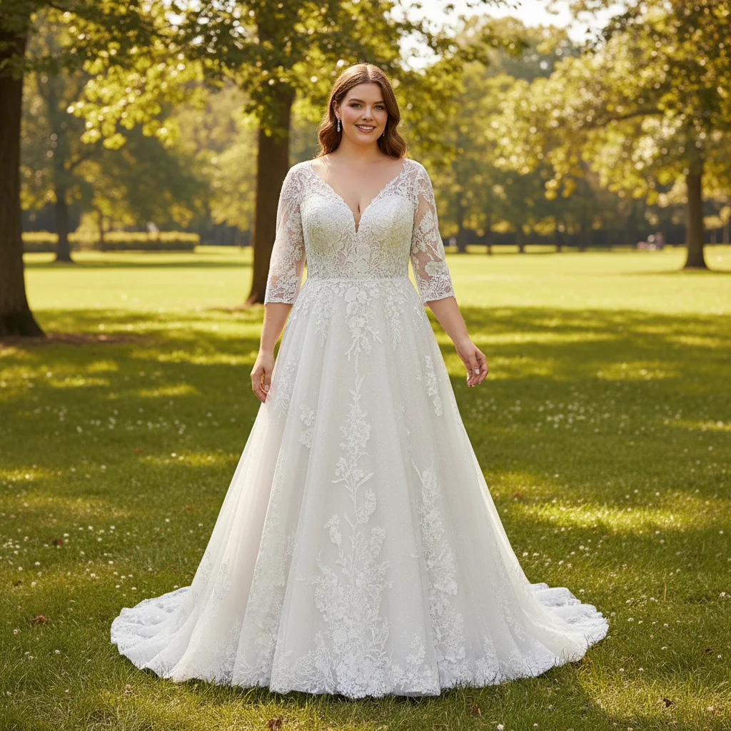 Rosymae plus size abito da sposa a trapezio in tulle di pizzo con maniche a 3/4 abito elegante da donna suknie ślubne