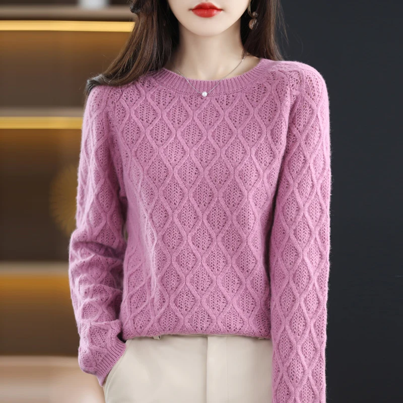 % wool round neck crocheted bottoming shirt ladies autumn and winter new knitted solid color sweater loose top