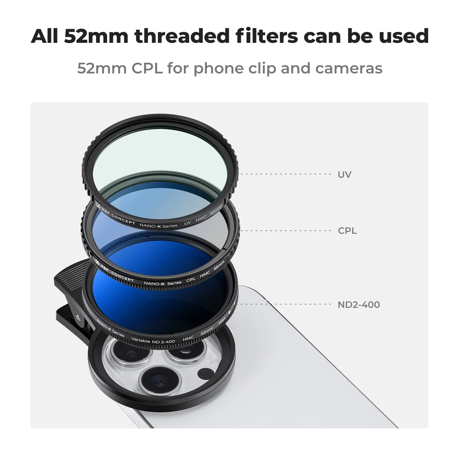 K&F CONCEPT 52mm Clip-on CPL Circular Polarizer Phone Camera Len Filter Kit for iPhone 16 15 14 Xiaomi More via Adjustable Clamp